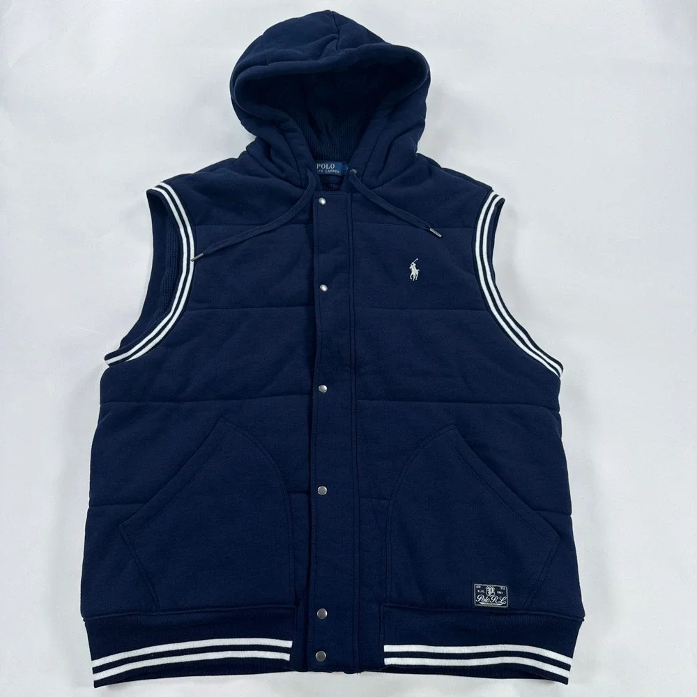 Polo Ralph Lauren Mens Vest XL Navy Blue Quilted Hooded Varsity Snap Zip